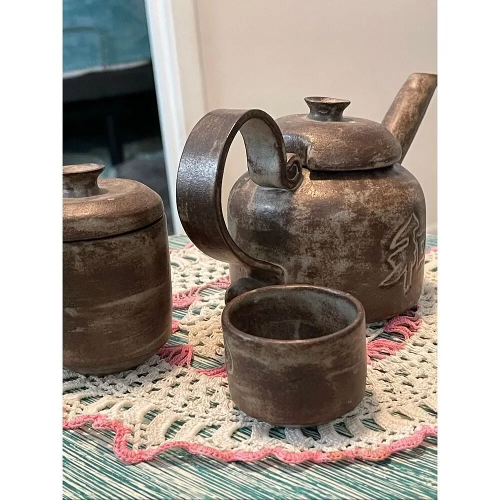 Yixing Zisha Wood Fired Clay Tea Pot w/Sugar Bowl and Cup